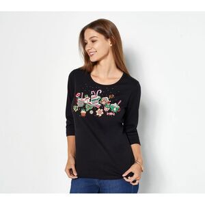 Quacker Factory Women's Top Sz XL All is Bright Holiday Bling Black A237786